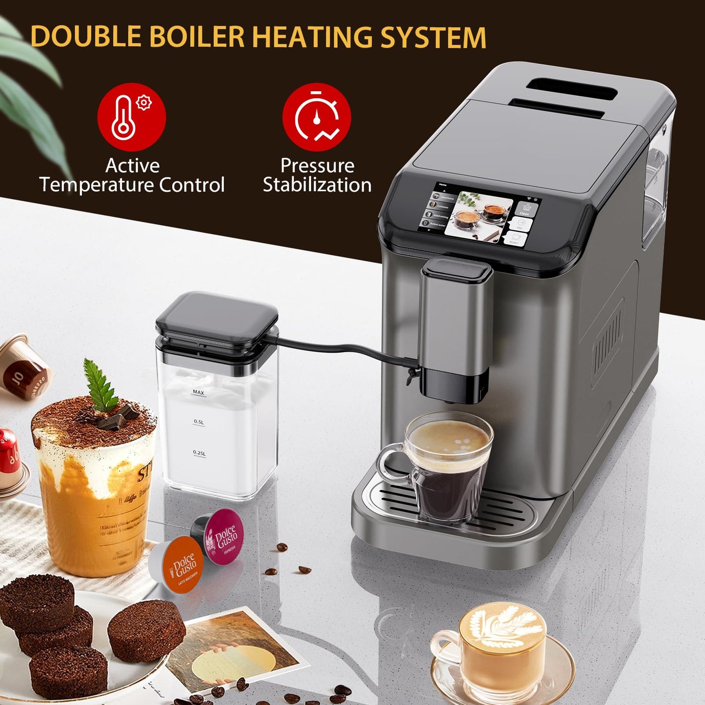 Super Automatic Espresso Machine & Coffee Maker, 20Bar Pressure, Built-in Conical Burr Grinder & Milk Frother, 6 One-Touch Recipes, Auto Clean, 1.5l Water Tank, for Home Office, 120v, Grey
