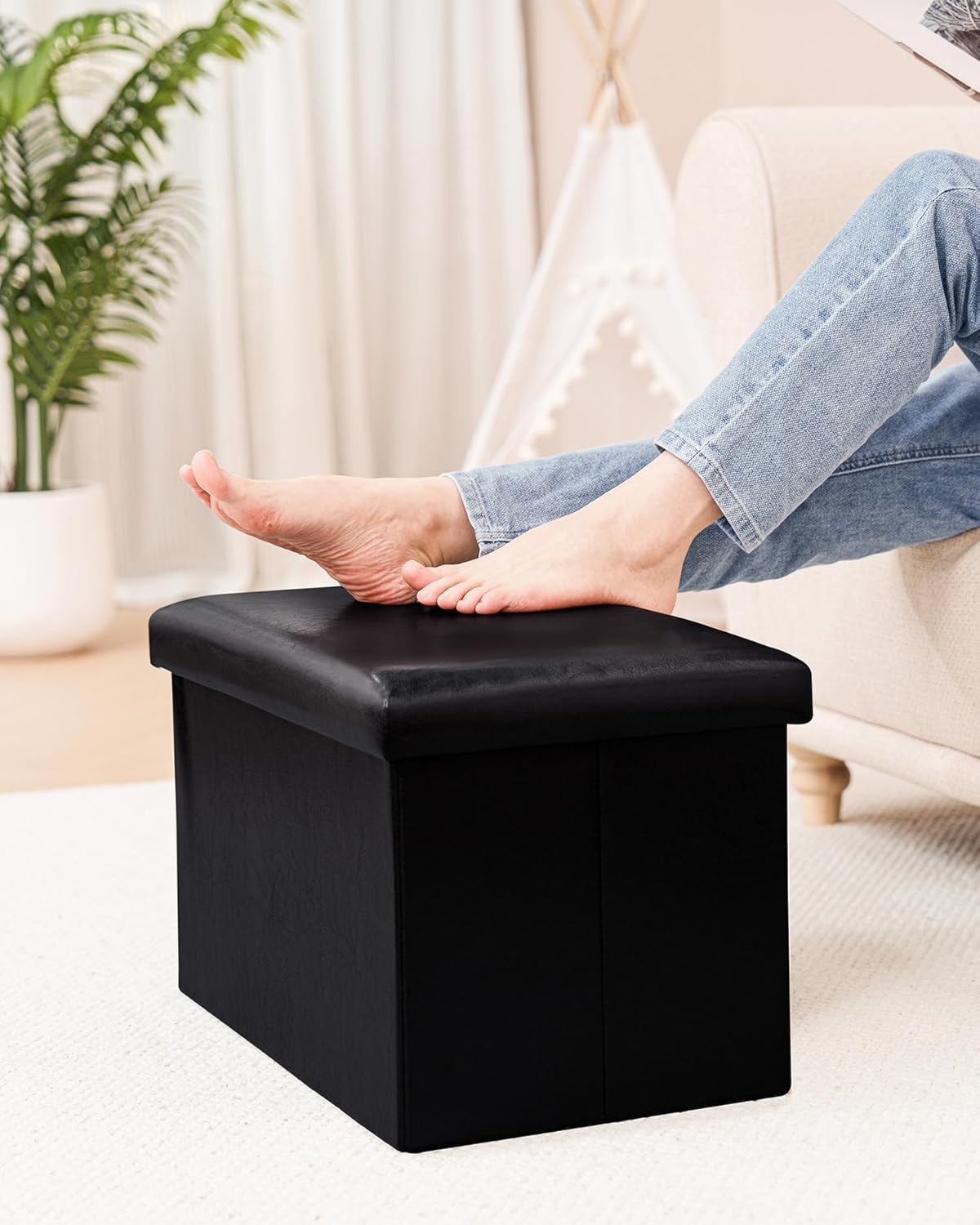16.5"x12.6"x12.6" B FSOBEIIALEO Folding Storage Ottoman Cube Faux Leather Ottomans for Living Room, Bedroom, Home