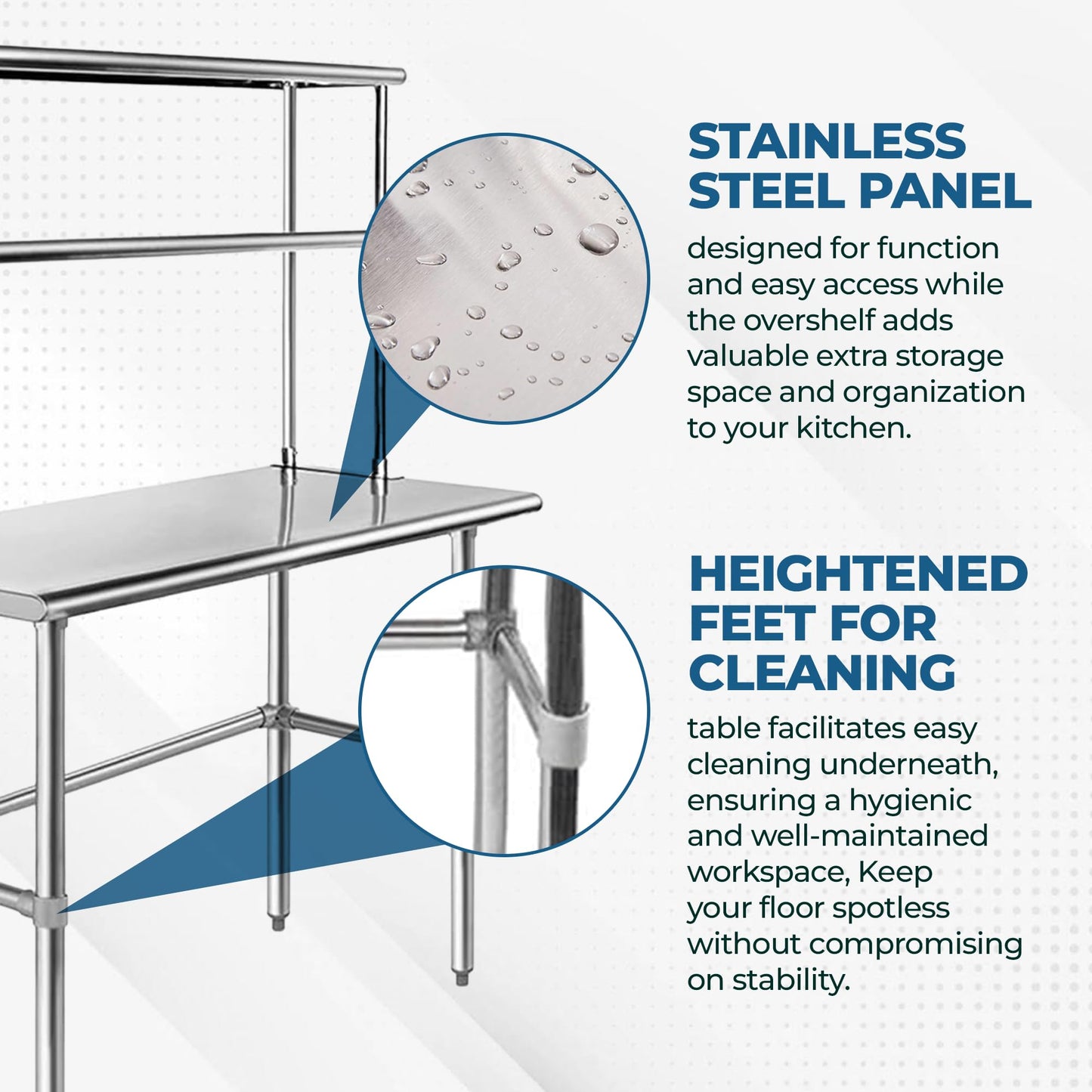 Express KitchQuip Stainless Steel Open Base Table with Wide Double Tier Overshelf | Metal Kitchen Prep & Shelving Combo (24" x 36" Open Base Table + 18" Overshelf)