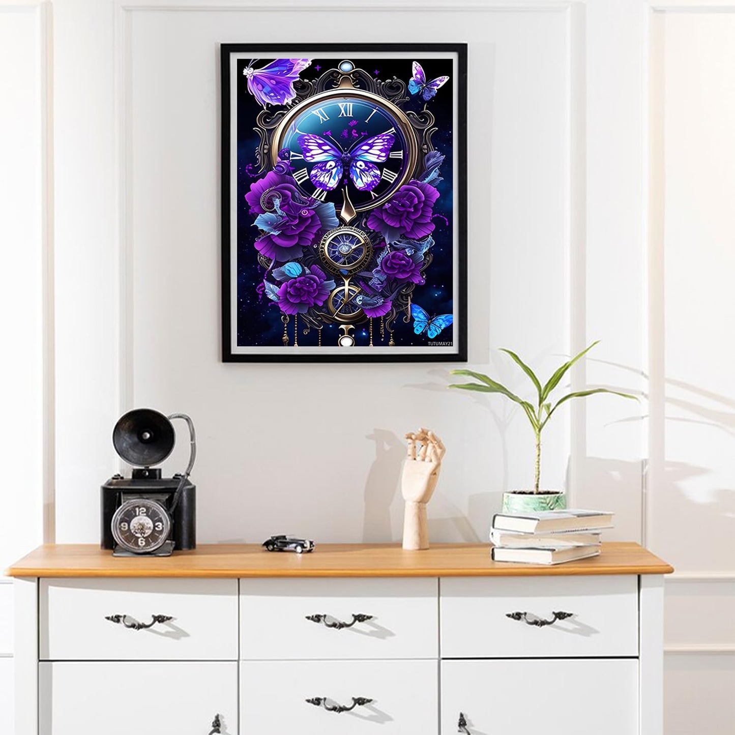 TUTUMAY21 5D Purple Fantasy Clock Diamond Art Painting Kits, Nature Diamond Painting Full Diamond Art Kits for Adults Embroidery Cross Stitch Arts Craft Supply Canvas Wall Decor 12x16 inch