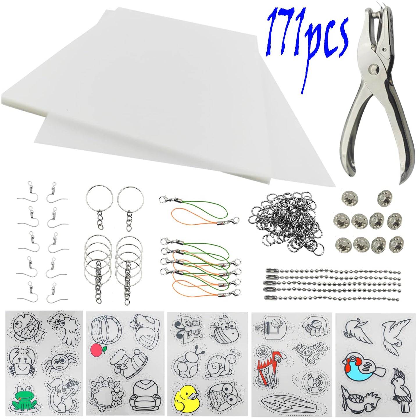 Heat Shrink Plastic Sheets Shrink Film Papers Kit Patterned Sheets Frosted Shrink Paper Sheet 171 PCS DIY Ornaments Keychains Making for Creative Art and Craft (8 x 5.7inch)