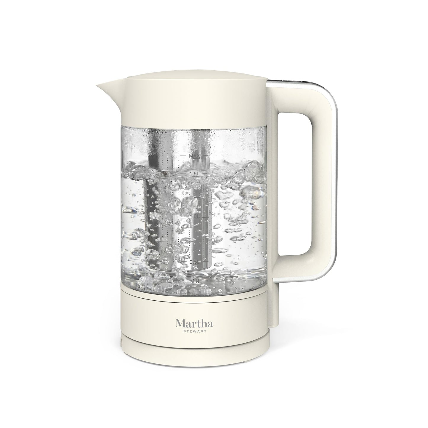 Martha Stewart  Electric Kettle with Removable Stainless Steel Tea Infuser, Glass Carafe 1.7L (7 Cups), Hot Water Boiler, 4 Presets, Keep Warm & Auto Shut-Off, Cordless 360° Swivel Base, Linen White