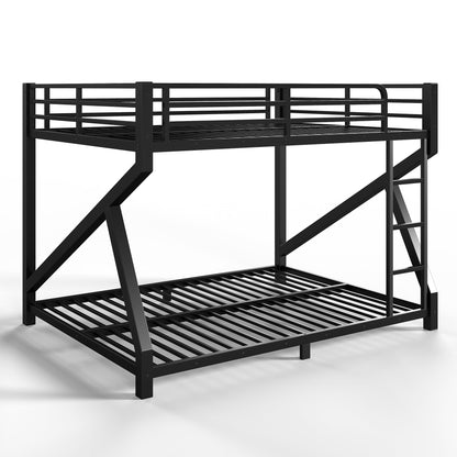 Bellemave Queen Over Queen Metal Bunk Bed,Low Profile Floor Bunk Bed Frame with Angled Ladder, Heavy Duty & Noise-Free Design for Kids, Teens & Adults, Black