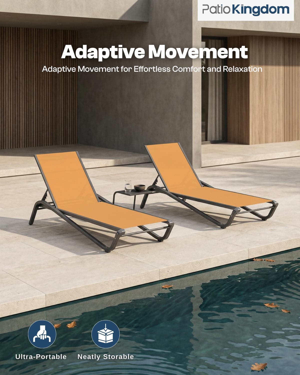 Patio Kingdom 3-Piece Patio Chaise Lounge Set with Side Table, Set of 2 Adjustable Pool Chairs and Aluminum Bistro Table, All-Weather Outdoor Furniture for Pool Deck, Patio & Tanning, Solar Orange