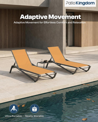 Patio Kingdom 3-Piece Patio Chaise Lounge Set with Side Table, Set of 2 Adjustable Pool Chairs and Aluminum Bistro Table, All-Weather Outdoor Furniture for Pool Deck, Patio & Tanning, Solar Orange