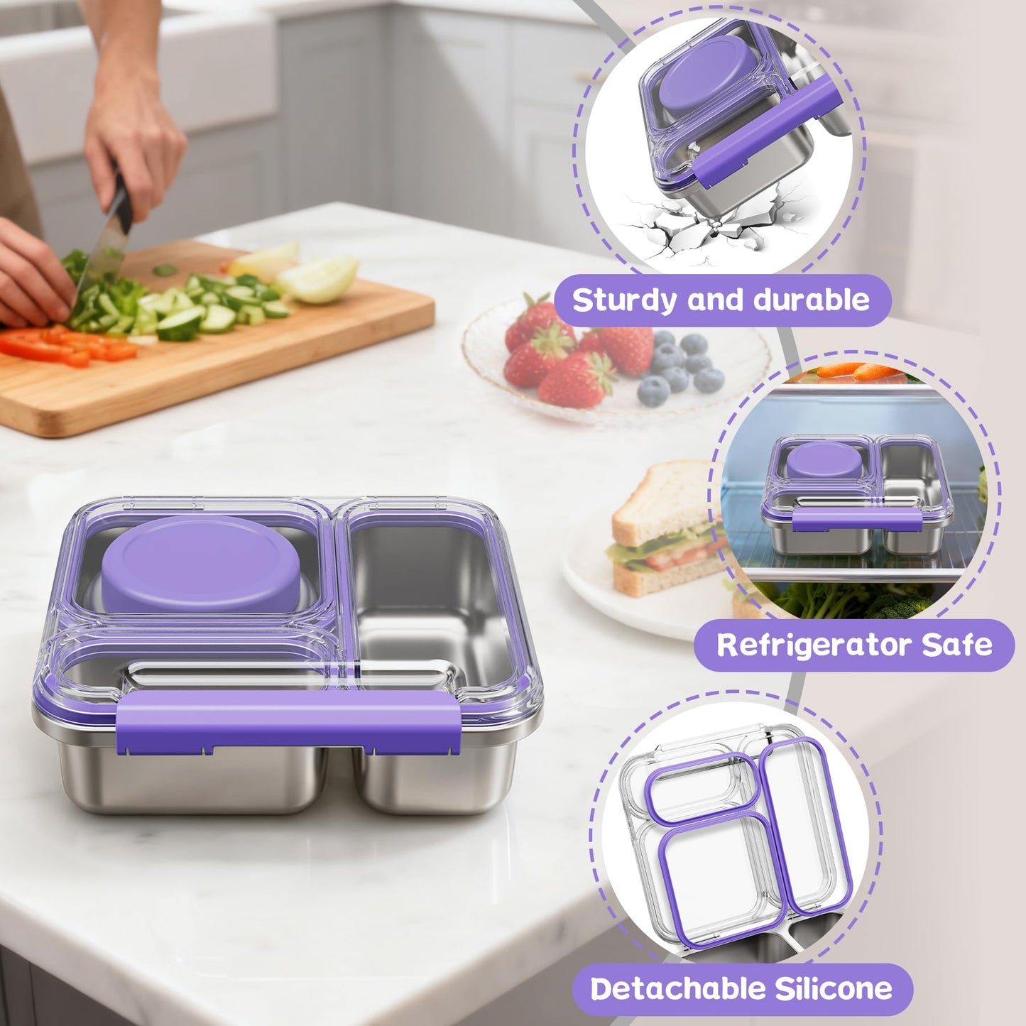Pawtong Stainless Steel Bento Box Kids Adult with 7oz Insulated Food Jar, Transparent Lid Metal Lunch Box With Soup Thermal Jar, Lunch Box Container with Removable Divider & Sauce Cup School (Purple)