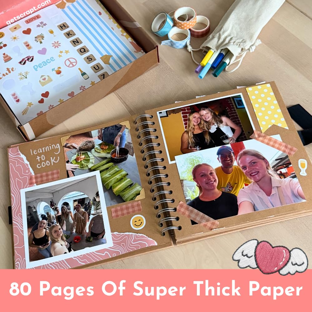 Scrapbook Kit - 80 Page Photo Album DIY Scrapbook - Holds 300+ Photos, with Metallic Pens, 150+ Stickers, Glue Pen, Washi Tapes, Backing Paper, Photo Corner Stickers (Starter Kit - 8 x 8 Inch, Kraft)