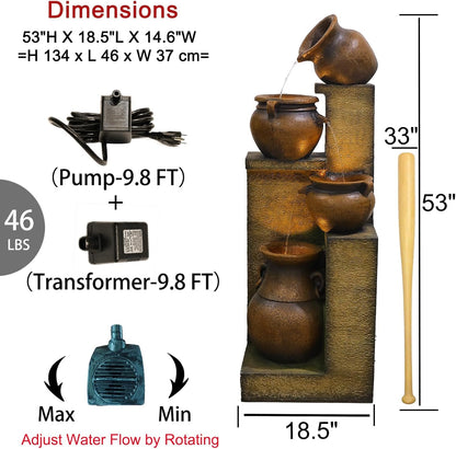 Bumilgar 53" H Large Outdoor Water Fountain with Lights - 4 Tiered Cascading Bowls Waterfall Fountain for Garden, Patio, Backyard, Porch Inside - Freestanding Outdoor Water Feature Gold