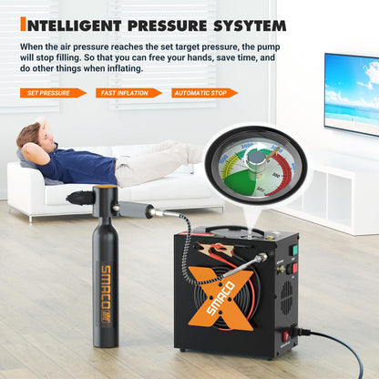 SMACO PCP Air Compressor 4500Psi/30Mpa High Pressure Air Compressor Paintball Scuba Tank Compressor HPA Pump Fill Station Auto-Stop,Oil-Free Powered by 12V DC or 110V AC with Water/Oil Separator