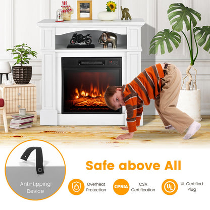 Tangkula Electric Fireplace Mantel, Freestanding Wooden Surround Firebox with 1400W Fireplace Heater, Remote Control, Thermostat, 3D Flame Effect, 6H Timer, Overheat Protection