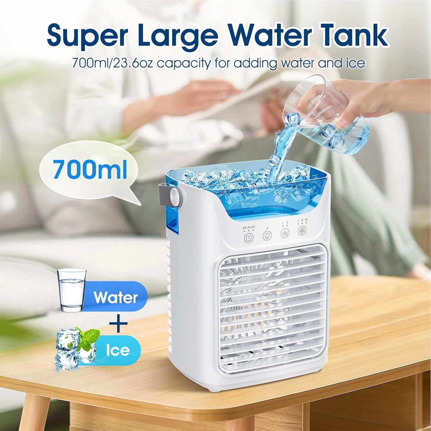 Portable Air Conditioner Fan 4 in 1, 700ML Mini Cooler with Touchscreen, 3 Speed Humidify & 7 LED Light