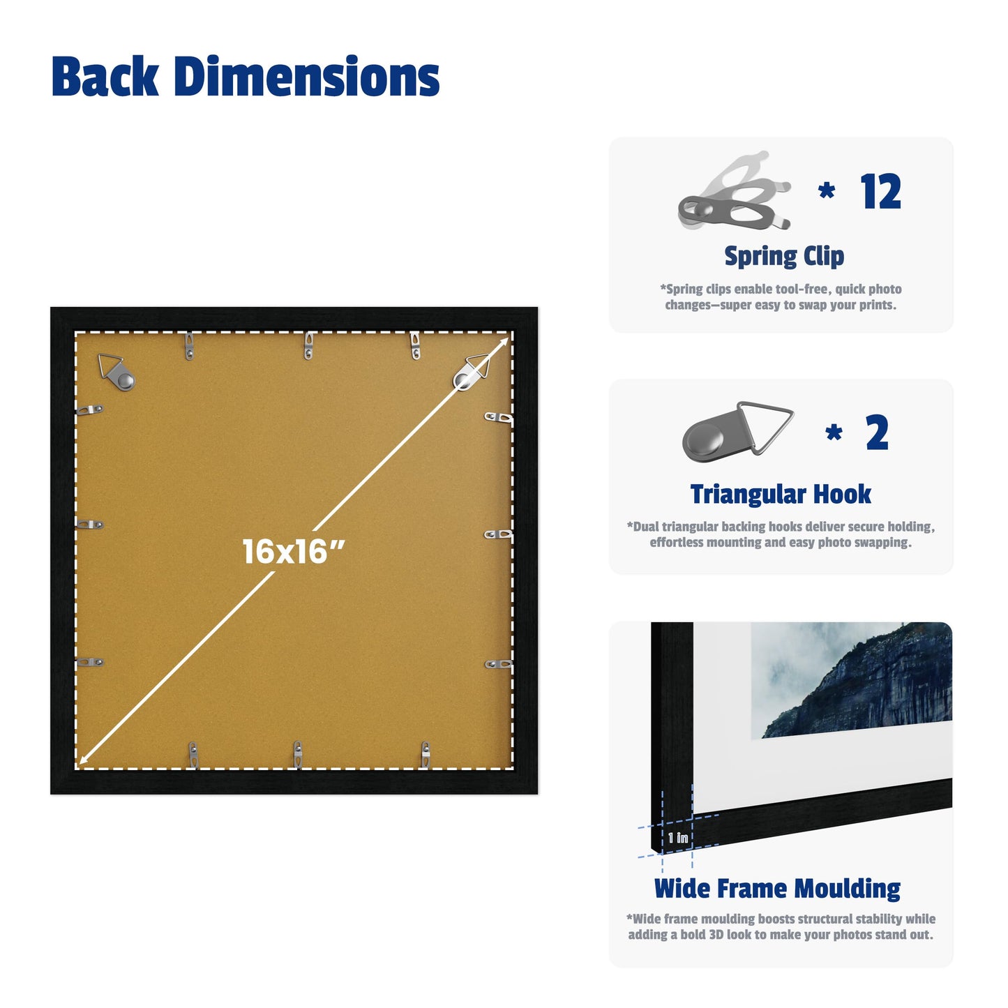 XXBANZHUAN 16x16 Square Picture Frame 3 Pack, Solid Real Wood Grain, Displays 12x12 with Mat or 16x16 Without Mat, Wall Gallery Poster Frames, Black