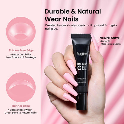 Beetles Gel Nail Extension Kit Almond Shape, Easy 9 in 1 Glue Uv Led Set Etch X Nail Tips Short Almond Half Matte Tips, Gift for Women & Girls, 504 pcs