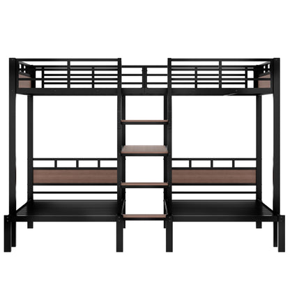 Bellemave Queen Over Twin & Twin Bunk Bed with Shelves, Metal Triple Bunk Beds with Safety Guardrails and Underbed Storage, Heavy-Duty 3 Bunk Beds for Kids, Teens, Adults, No Box Spring Needed, Black