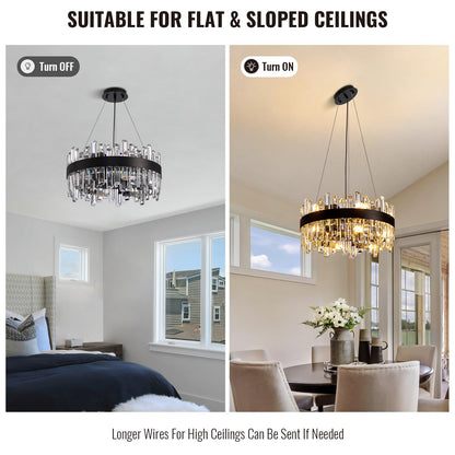 Siljoy Black Crystal Chandelier for Dining Room, Modern 2-Tiers K9 Crystal Raindrop Chandelier 12 Lights Farmhouse Pendant Ceiling Light for Living Room Kitchen Island Entry Foyer D19.7''