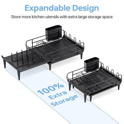 TOOLF Large Dish Drying Rack, Expandable Dish Rack for Kitchen Counter, Multifunctional Dish Drainer, Organization and Storage Essentials with Cup & Cutlery Holders, 16.7"-26.8" L x 12.6" W, Black
