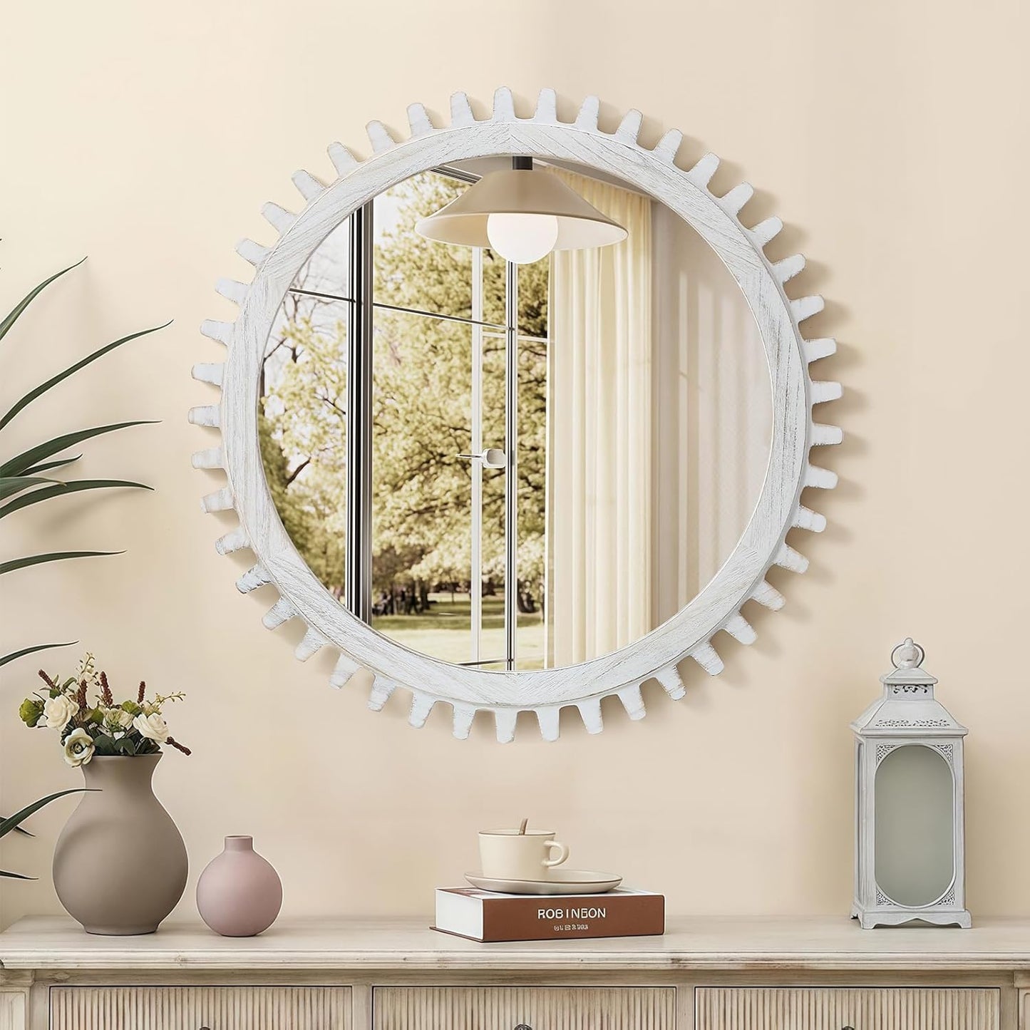 30 Inch ULIKE Round Wood Mirror, Rustic Farmhouse Circle Mirror with Wooden Frame, Modern Wall Decor for Bathroom