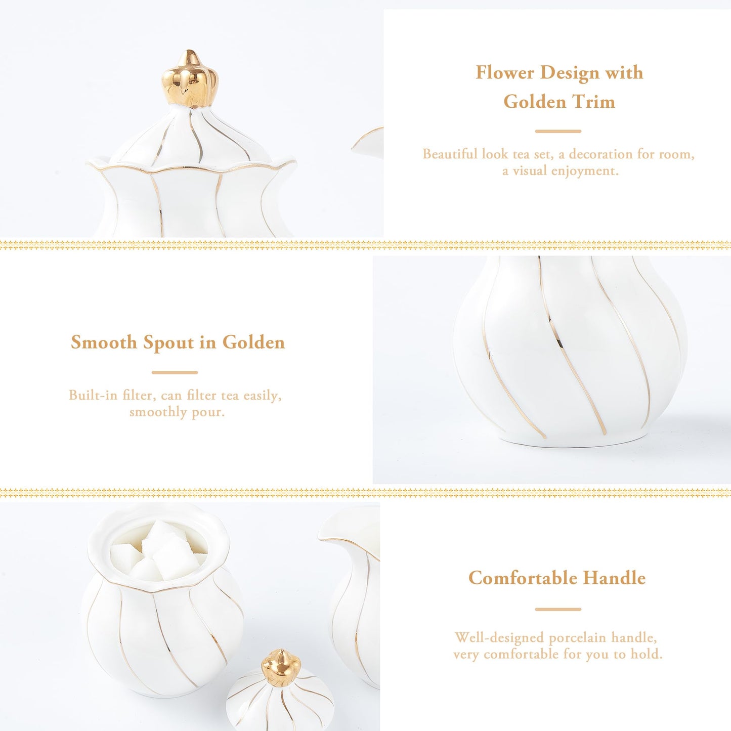 DUJUST White Cream & Sugar Set, Luxury British Design in Golden Trims, 1 Sugar Bowl with Lid (12 OZ), 1 Creamer (8 OZ), Handcrafted Sugar Creamer Set, Decoration for Kitchen