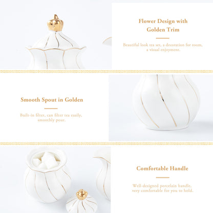 DUJUST White Cream & Sugar Set, Luxury British Design in Golden Trims, 1 Sugar Bowl with Lid (12 OZ), 1 Creamer (8 OZ), Handcrafted Sugar Creamer Set, Decoration for Kitchen