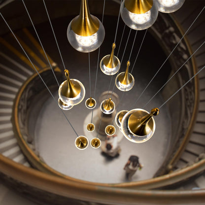 GINSENGLUX Gold LED Staircase Chandelier for High Ceiling, Gold LED Dimmable Remote, Modern Crystal Teardrop Long Hanging Pendant Light for Stairwell Living Room Entryway Stair Foyer, H118in 16 Lights