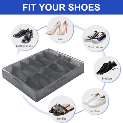 Surblue Under Bed Shoe Storage Organizer, Fits 24 Pairs of Shoes, Set of 2, Grey with Clear Cover