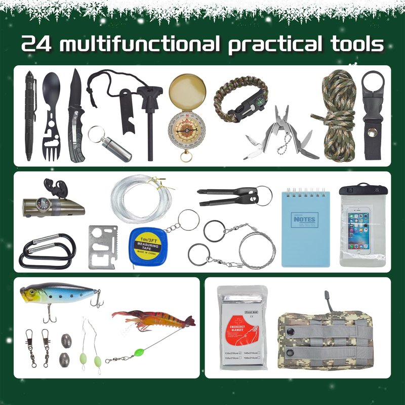 Survival Kit Advent Calendar - 24 Days Christmas Countdown Calendar Emergency Survival Gears Gift for Men Teen Adult, 2025 Xmas Cool Gadgets for Outdoor Camping Fishing Hunting Adventure