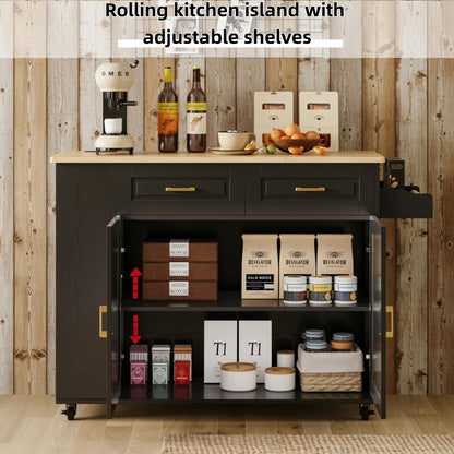 IRONCK Kitchen Island with Power Outlet & Drop Leaf, 47.2" Width Rolling Kitchen Island on Wheels with Storage, Mobile Kitchen Island Cart with Spice Rack, Open Shelves and Drawer, Black