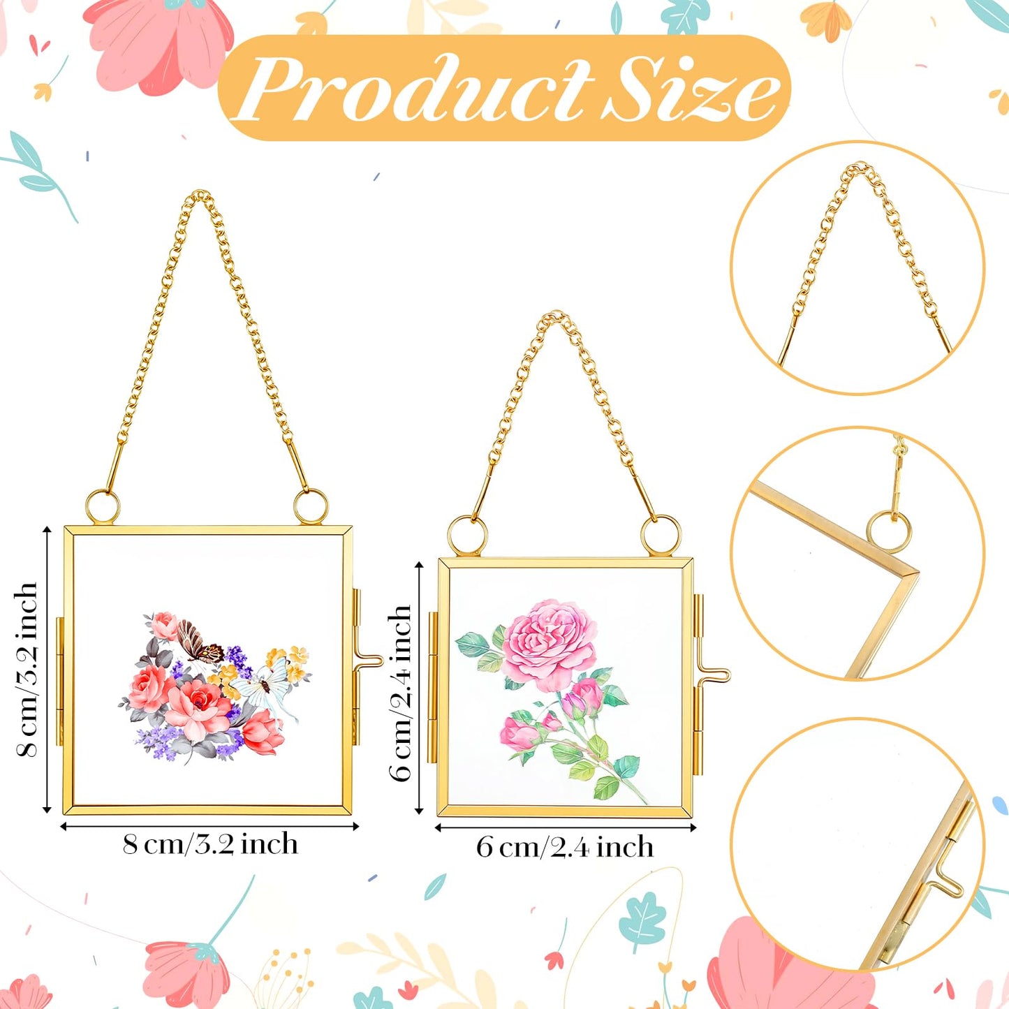 6 Pcs Mini Double Glass Pressed Flower Photo Frame Craft with Chain, 2.36" and 3.14" Small Square Glass Flower Frame for Christmas Handicraft Home Decor Gallery Artwork
