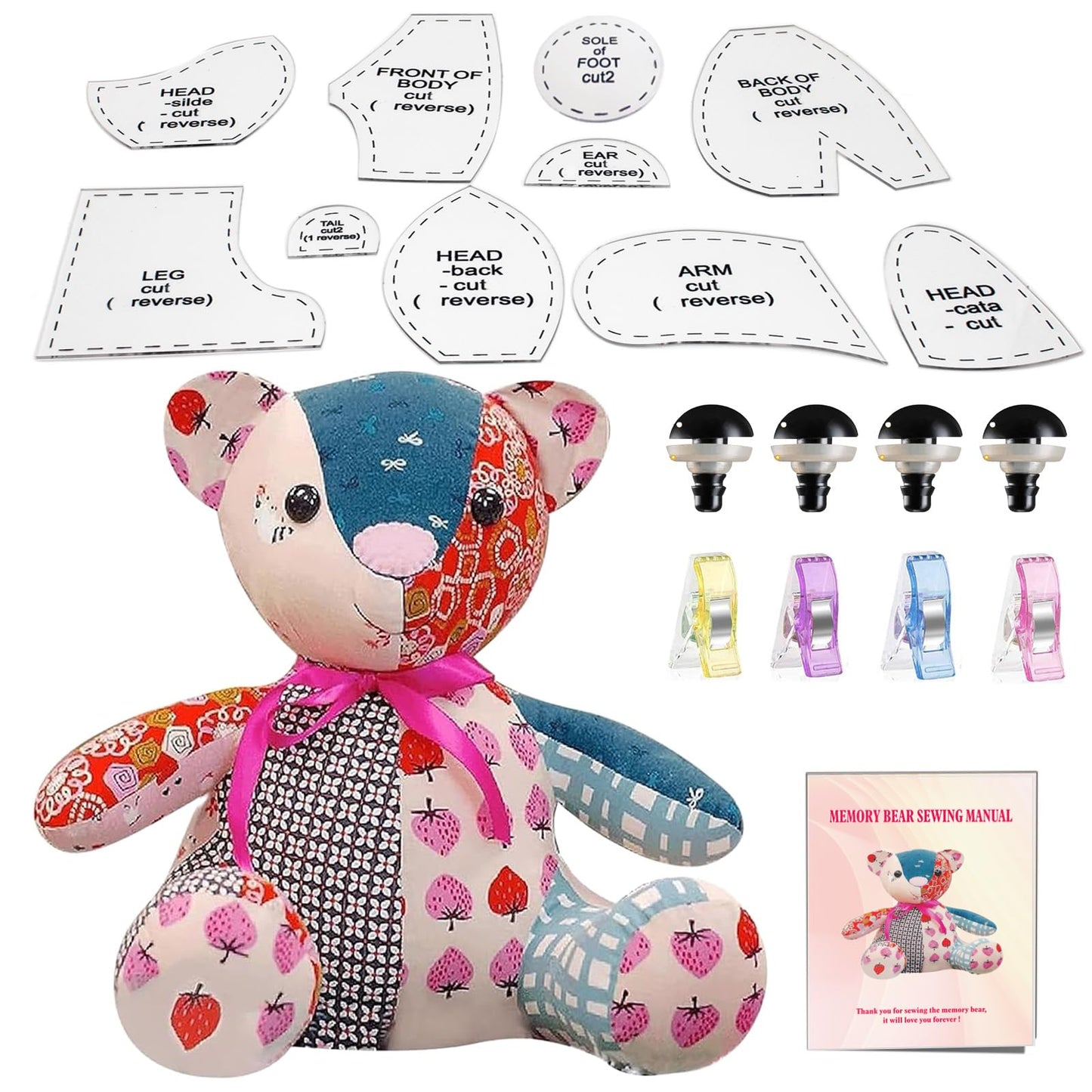 15in/Sitting Height 9in Fosdonge Acrylic Memory Bear Template Ruler Set with Detailed Instructions, Sewing Patterns for Beginners, Teddy Bear Quilting templates (Sitting Height 9in)