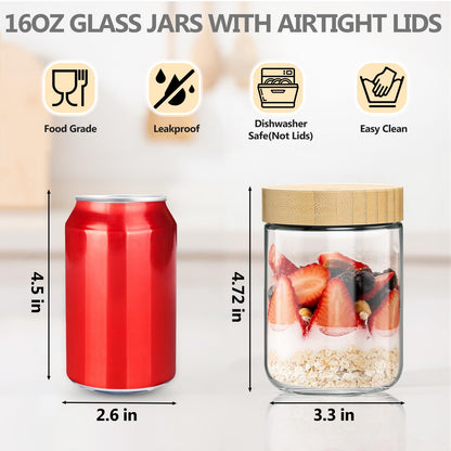 TBWIND 12 Pack 16oz Glass Jars with Bamboo Lids, Spoons, Airtight Overnight Oats Containers, Salad& Yogurt Storage, Mason Jars for Snacks, Spices, Meal Prep – Reusable