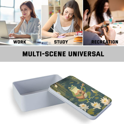 VACGBJPG Metal Tin Box with Lid,Multi-functional Storage Large Box Can Store Tea Biscuits Game Cards, Playing & Tarot Cards-Comes with 4 Magnetic Cord Clips,Frog Playing Guitar
