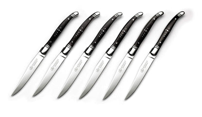Laguiole California Steak Knives - 6 Piece Blackwood Set - Ergonomic Handles - Stored in a California Oakwood Gift Box - Extremely Sharp Straight Steel Blades are Thick Gauge, Full Tang