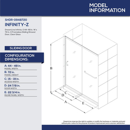 DreamLine Infinity-Z Semi-Frameless Sliding Shower Door | For openings from 44" up to 48" | Clear Glass in Chrome | SHDR-0948720-01