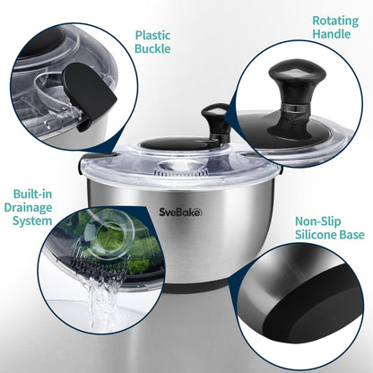 SveBake Stainless Steel Salad Spinner, 4.8 Qt Vegetable Washer, BPA-Free Lettuce Dryer with Crank Design, Dishwasher Safe, Non-Slip Base - Transparent Lid