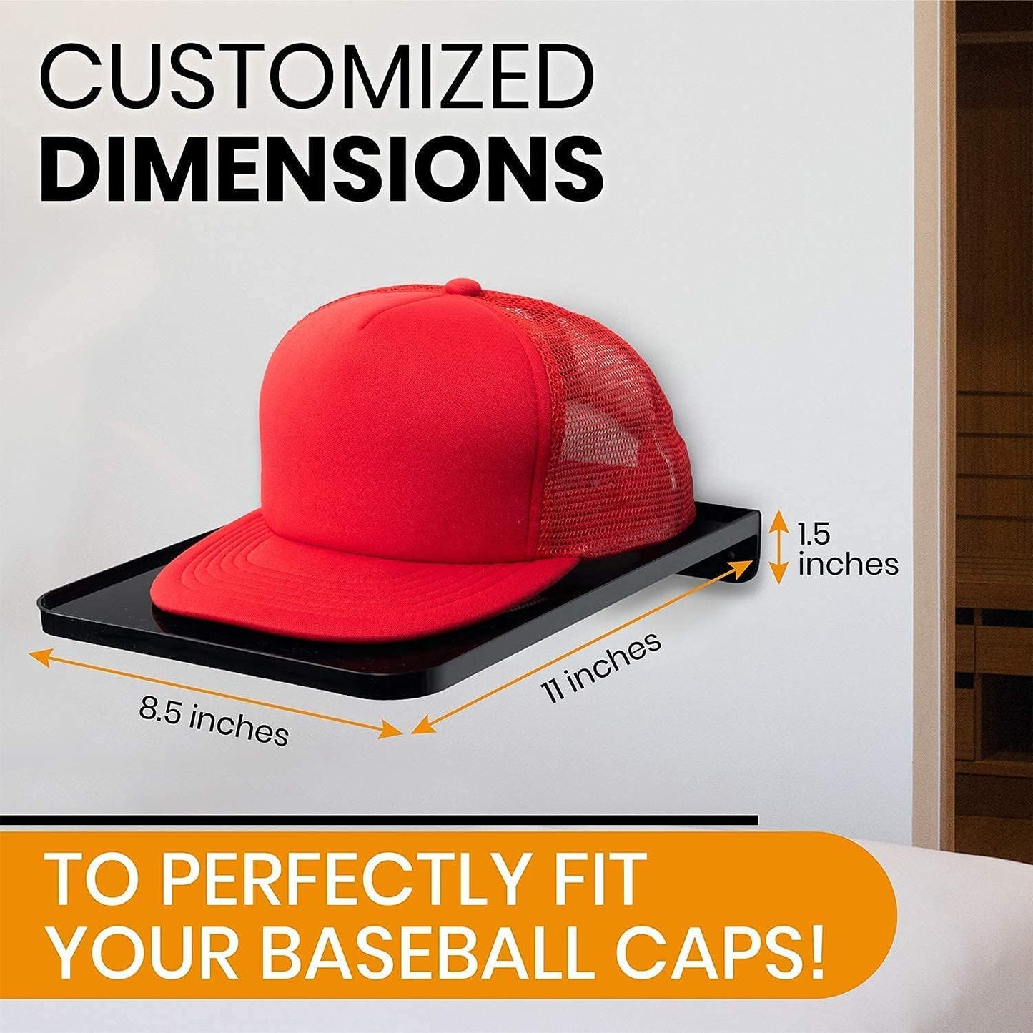 Boxy Concepts Hat Rack for Wall - Pack of 4 Premium Baseball Cap Organizer - Plastic Mountable Display Shelf with 3M