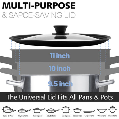 Anaeat Silicone Universal Lid for Pots, Pans and Skillets - Tempered Glass Covered with Heat Resistant Silicone Rim Fits 9.5", 10" and 11" Diameter Cookware -Easy to Use Replacement Frying Pan Cover