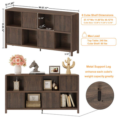 FATORRI 8 Cube Storage Organizer Bookshelf with Storage, Horizontal Bookcase with 4 Doors, Long Wooden Book Shelf for Living Room, Home Office (Dark Walnut)