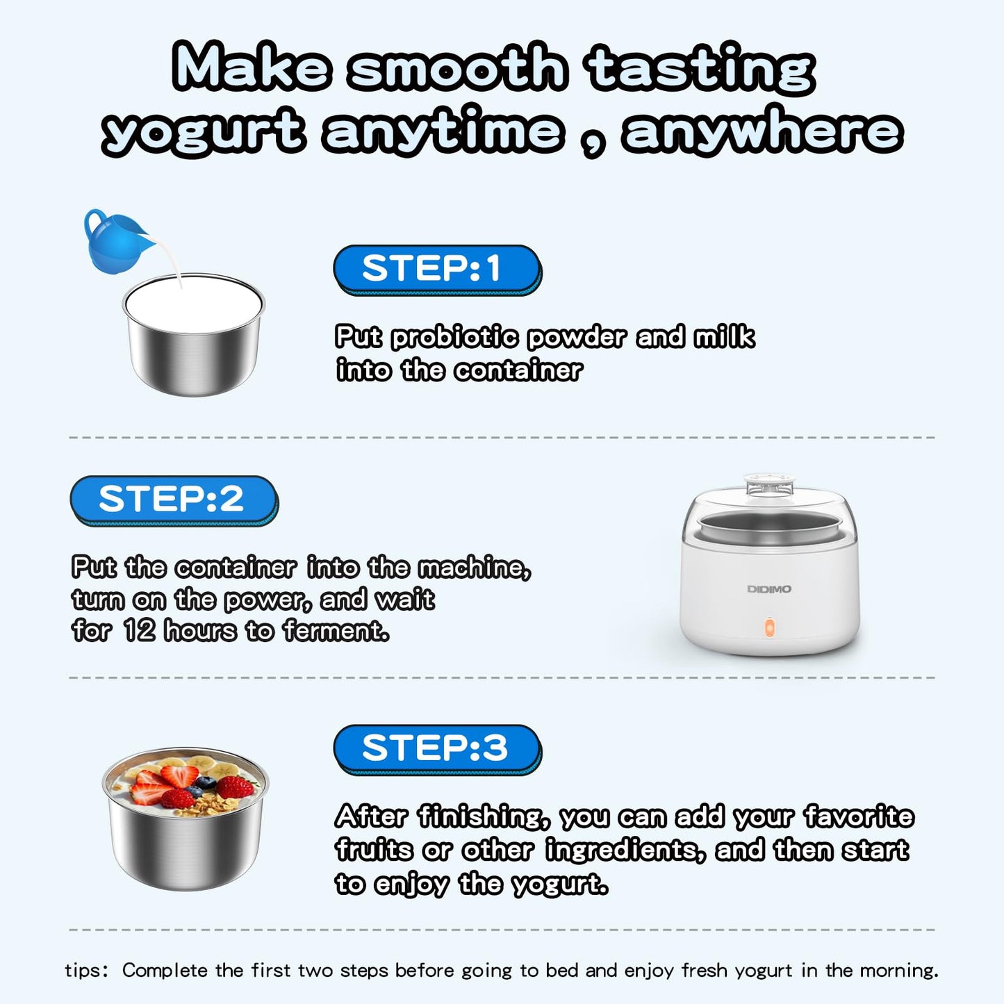 DiDimo 1.37QT Yogurt Maker Machine with Stainless Steel Bowl, Automatic Electric Greek Yogurt Maker, Probiotic Maker for Natto & Rice Wine