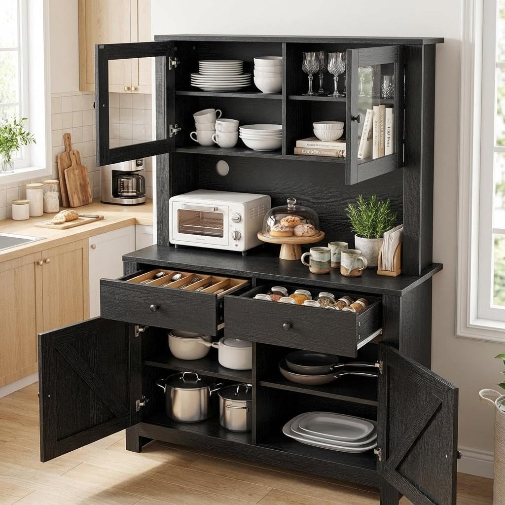 63" Tall Farmhouse Kitchen Pantry Cabinet with Microwave Stand, Freestanding Pantry Hutch Cabinet with Adjustable Shelves, Drawers & Countertop, Buffet Cupboard for Dining & Living Room Storage, Black