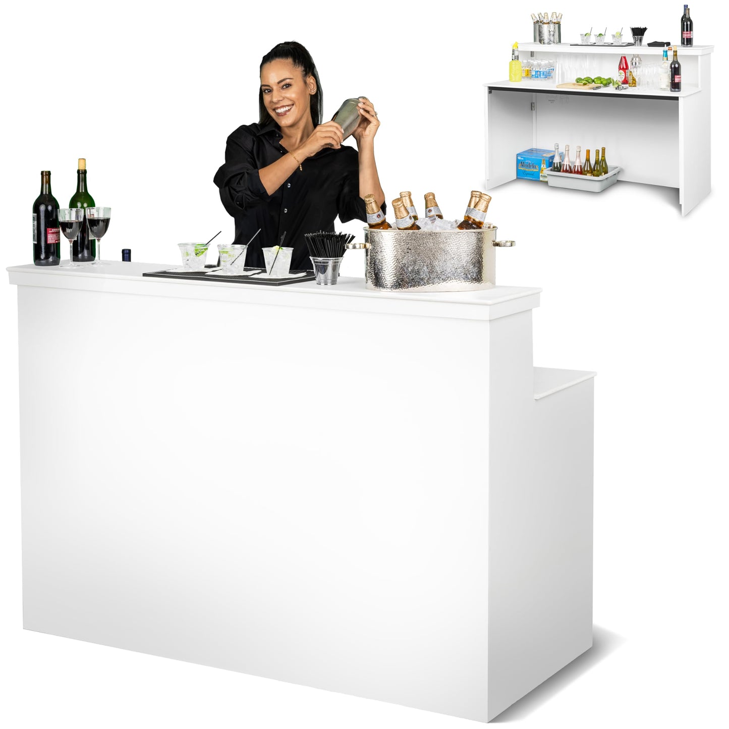 GoBar Elite Portable Bar Table for Events - Foldable Commercial Grade Wood - Pop up Mobile Bartending Station - White