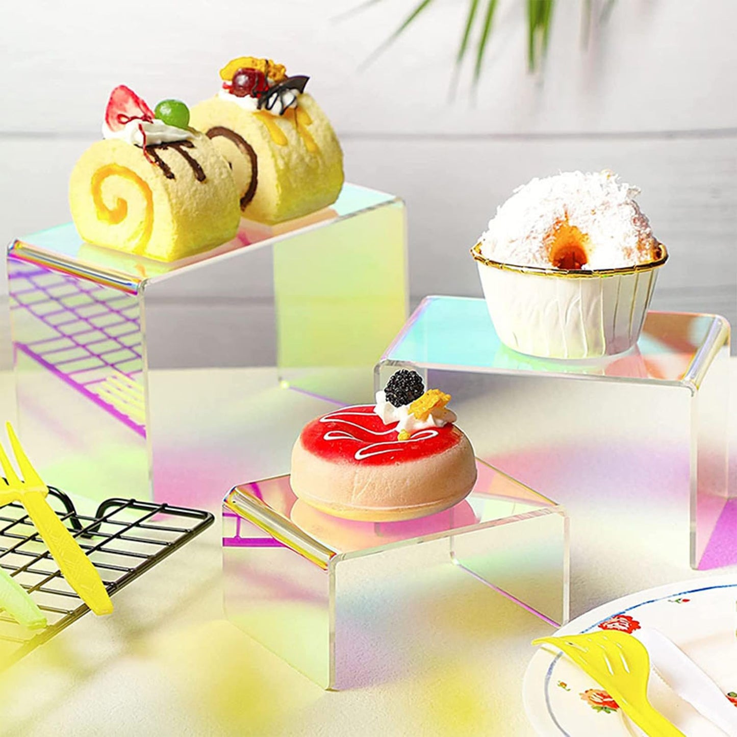 Voittozege 10 Pack Iridescent Display Risers Rainbow Display Stand Rainbow Acrylic Display Stands Acrylic Collectibles Display Shelf for Dessert Cupcake Candy Treat Action Figure Display
