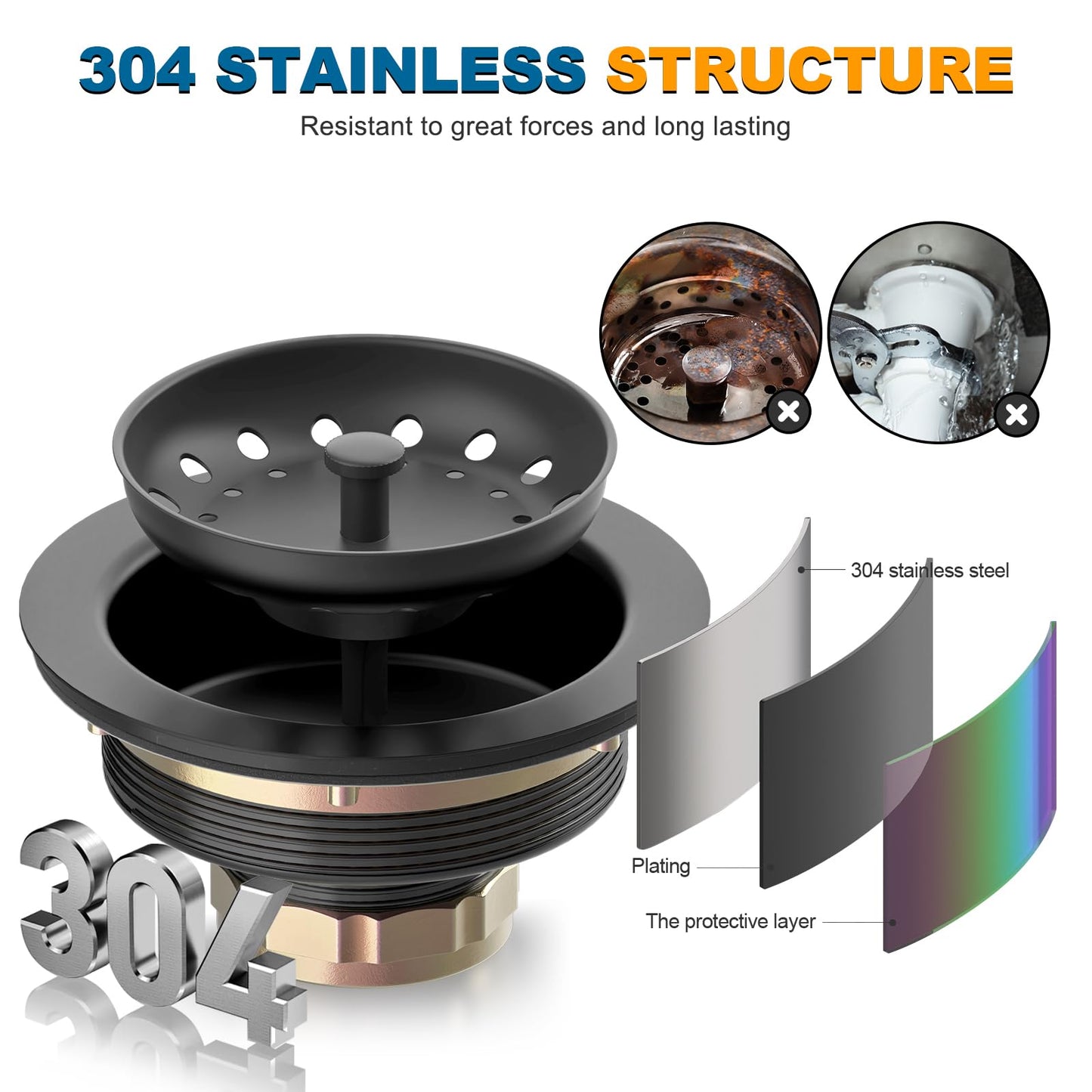 BOTEMY Stainless Steel Black Sink Drain Strainer Kit 3-1/2 inch Kitchen Drain Assembly with Metal Center Knob Basket Stopper Replacement for Standard Kitchen Sinks, Matte Black