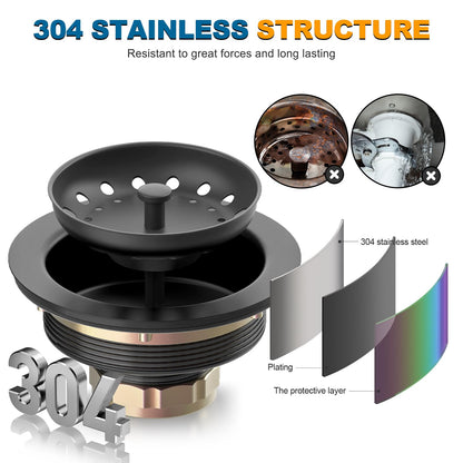 BOTEMY Stainless Steel Black Sink Drain Strainer Kit 3-1/2 inch Kitchen Drain Assembly with Metal Center Knob Basket Stopper Replacement for Standard Kitchen Sinks, Matte Black