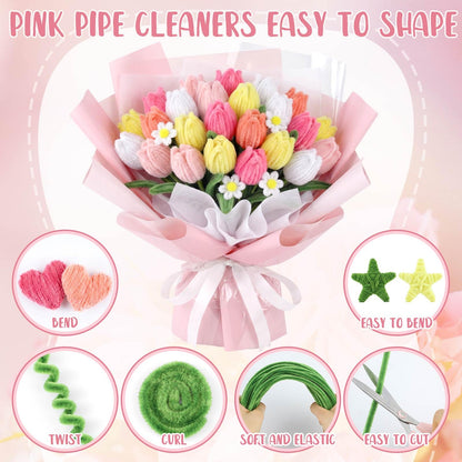 Teyva Daily 1200 Pcs Pink Pipe Cleaners Craft Flower Pipe Cleaner Bulk Flower Kit 6 Color Chenille Stems Floral Making Kit with Floral Wires Gardening Tape Stamen Ribbon for Art and Craft Supplies
