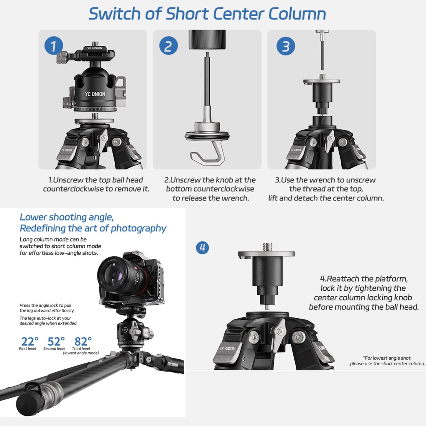 YC Onion Tako T23 Carbon Fiber Tripod with 44mm Ball Head, 3/8" Top Thread, 360° Rotation, 3 Leg Sections, One Flip Quick Release, Travel Tripod Stand for DSLR Cameras,Camcorders (Max Load 22lb)