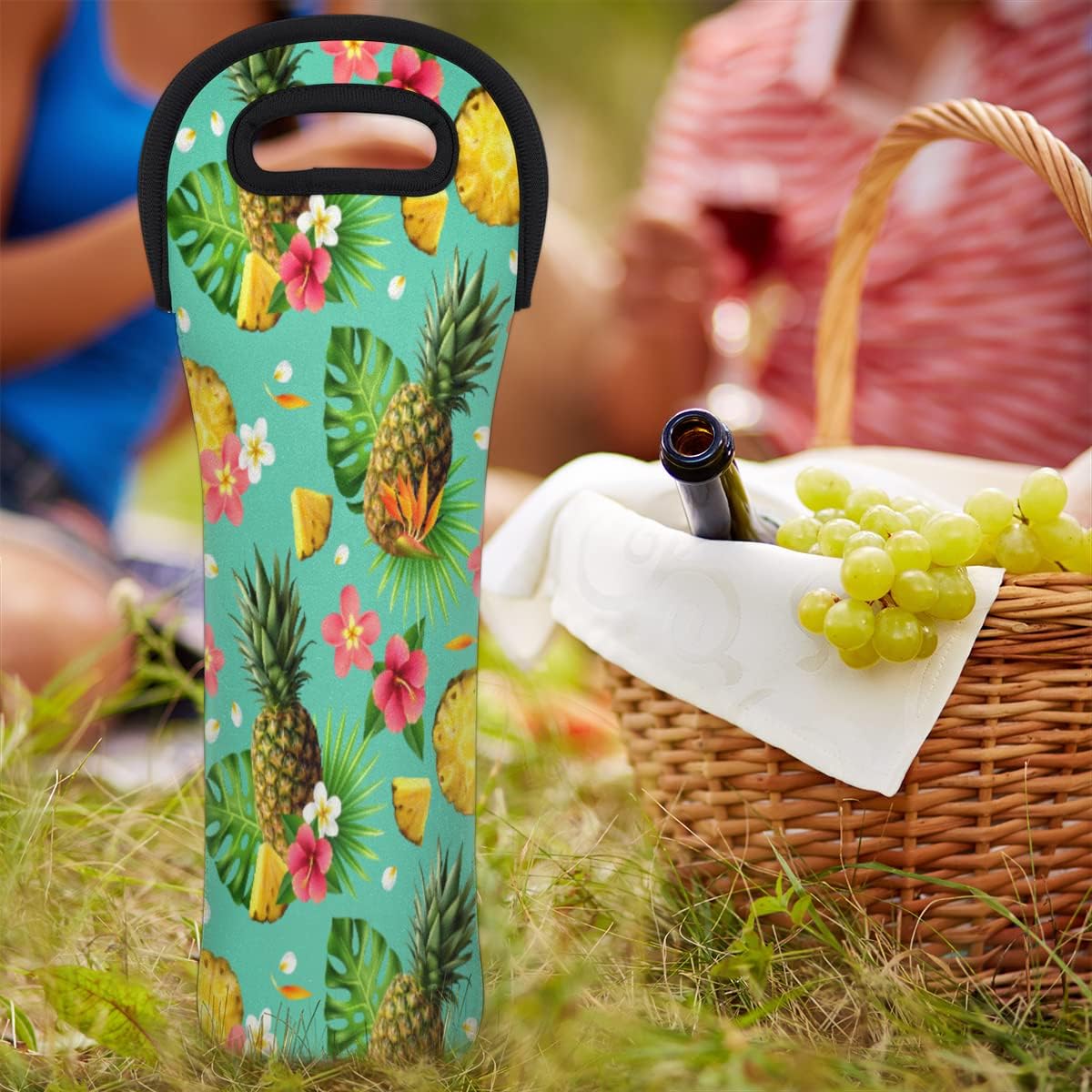 Tropical Pineapple Pattern Wine Bag - Neoprene Leakproof Travel Tote with Handle, Reusable Cooler for Parties