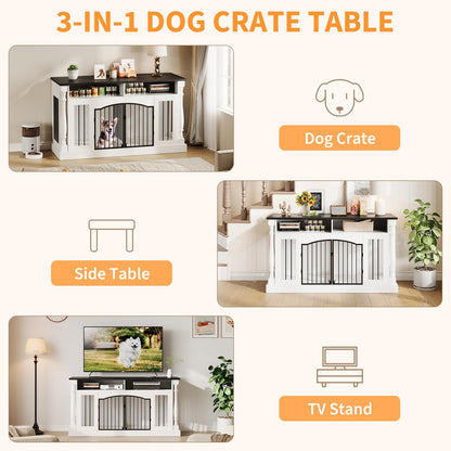 63 Inch Double Dog Crate TV Stand, Heavy Duty Wooden Dog Crate Furniture for 2 Dogs, Dog Kennel Indoor Furniture Ideal for 2 Dogs