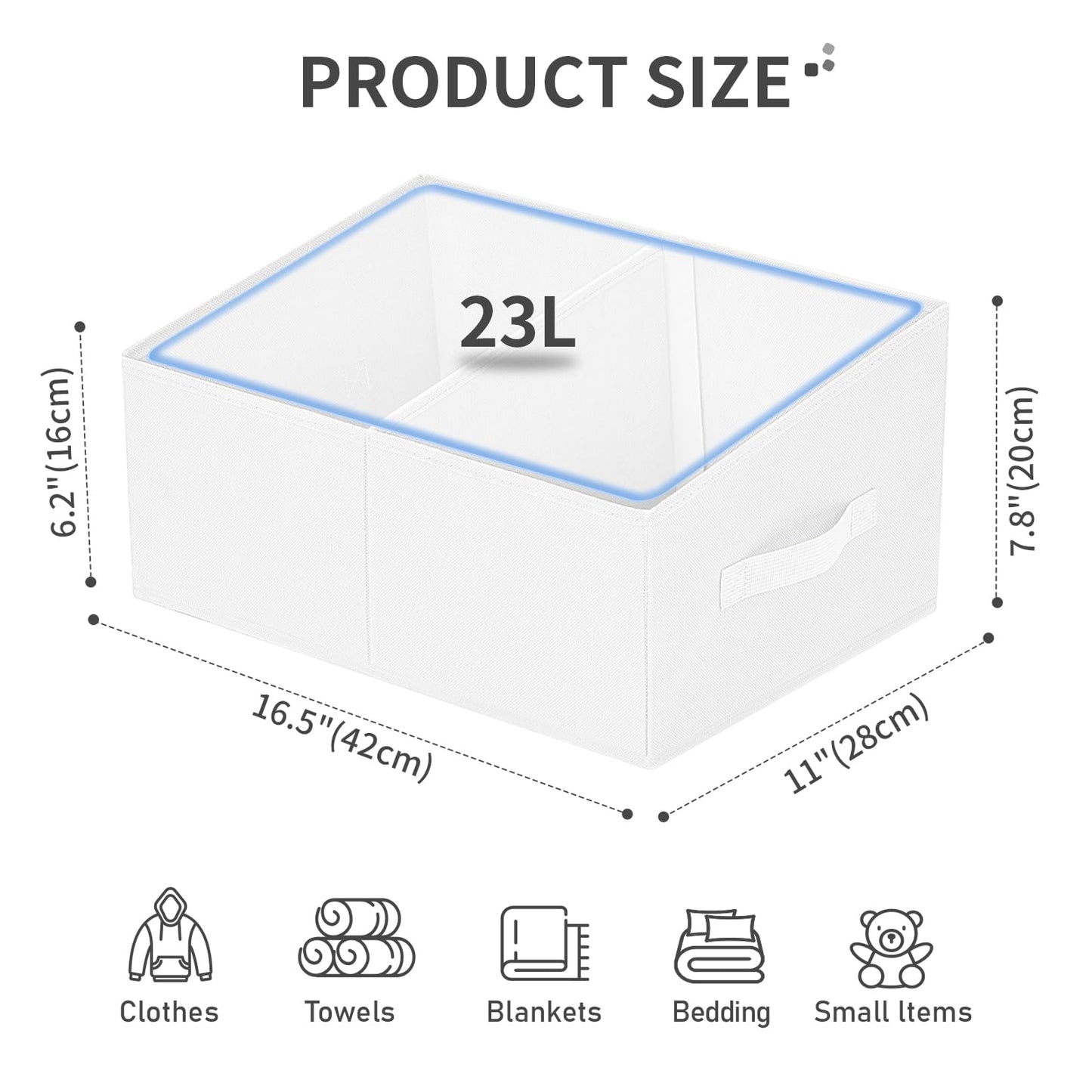 DIMJ Large Closet Shelf Organizer Bins 6 Packs with Handles and Divider, Fabric Trapezoid Storage Baskets, Foldable Clothes Containers Box for Shelf, Towel, Book, Toy, Purse, Hats, ,White