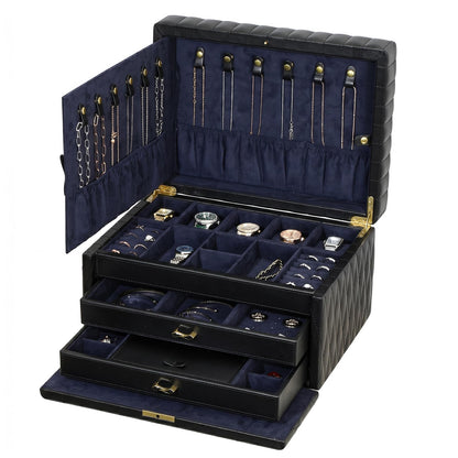 Homruilink Genuine Leather Jewelry Box - 3 Layer Large Jewelry Organizer with Mirror, Lockable Jewelry Box for Women - Necklace, Ring, Earring Organizer with Drawer - Ideal Gift (Black)