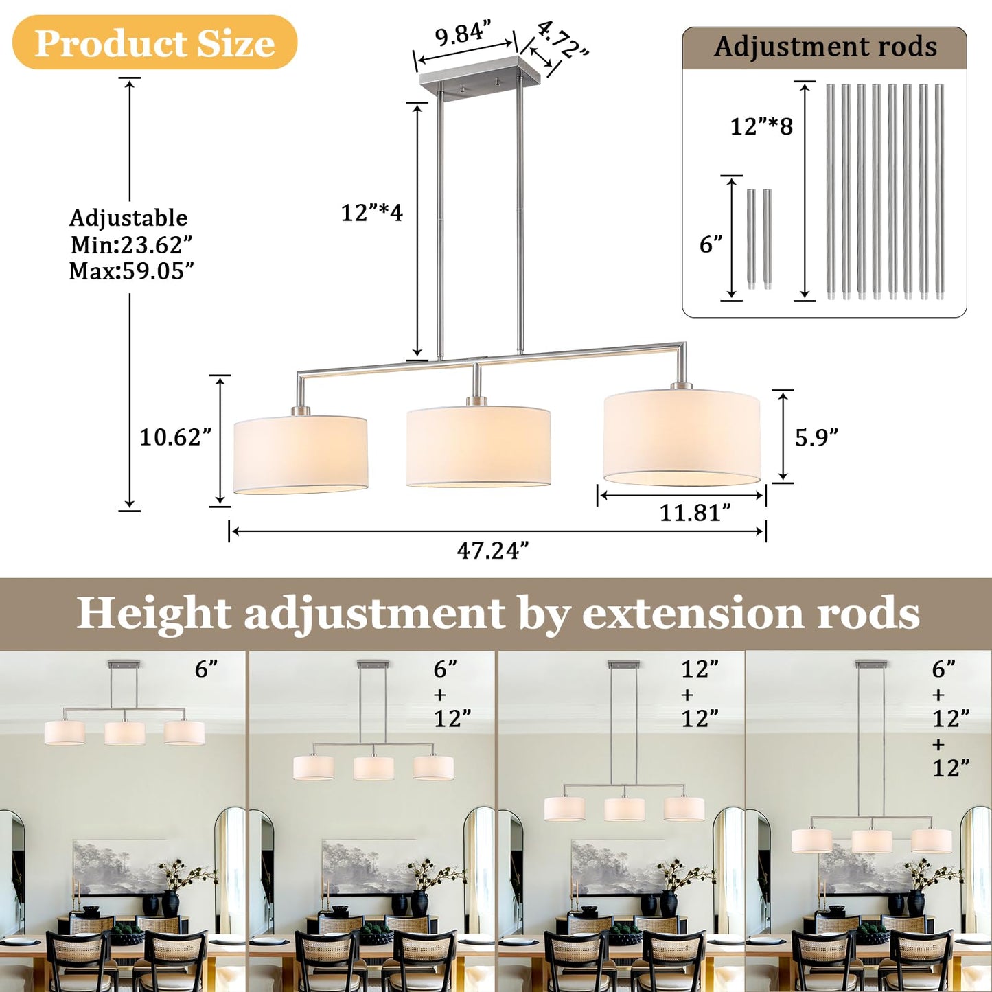 47" Linear Kitchen Island Lighting 3-Light Brushed Nickel Chandelier with White Fabric Drum Shade Adjustable Hanging Pendant Light for Dining Room Light Fixtures Over Table,Kitchen,Bar,Living Room,E26